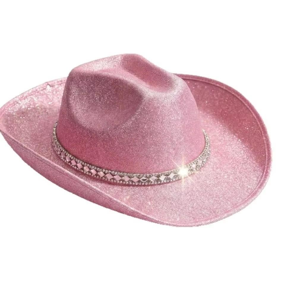 Wide Curved Brim Wide Brim Hat Rhinestone Band Western Cowboy Hat Costume Accessory розовый