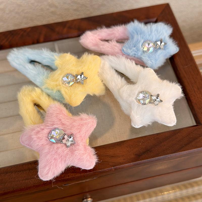Winter Plush Stars Rhinestones Hairpin Colorful Cute HairClips BB Clip For Woman Girl Sweet Barrettes Fashion Hair Accessories