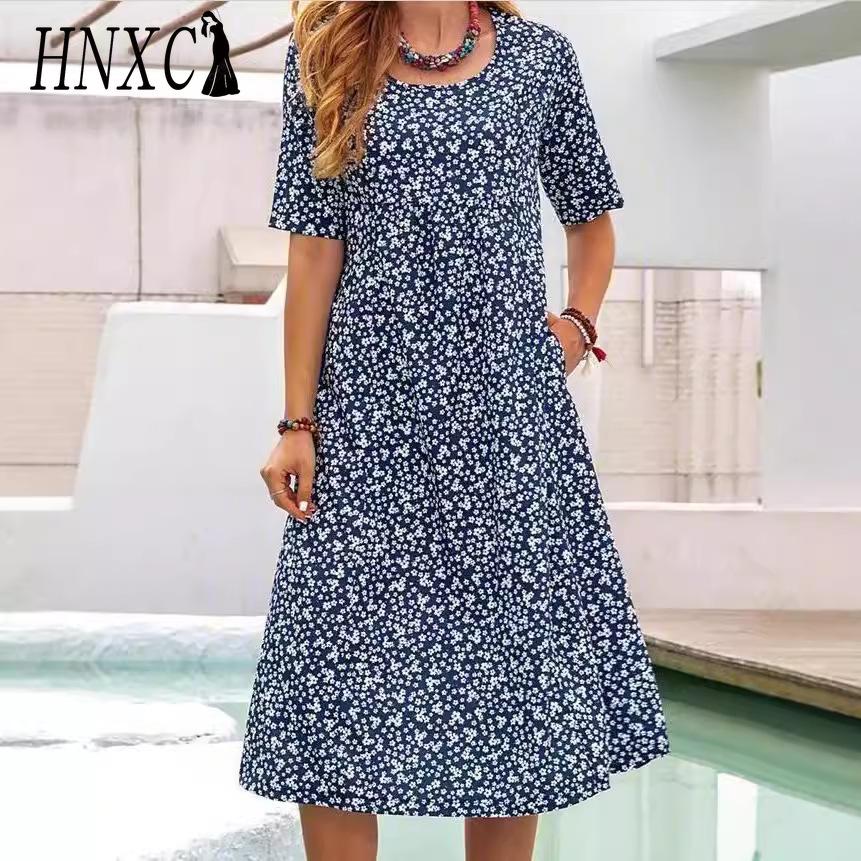 HNXC Women's Fashion Summer Spring Solid Color Print Short Sleeve O-Neck High Waist Casual Dresses