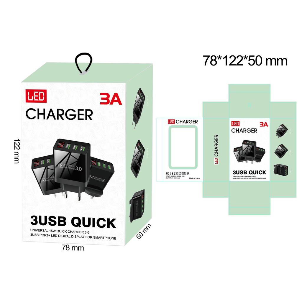 3-Port USB Charger with Display Screen - UK, US, EU Wall Adapter for Travel
