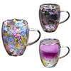Double Wall Glass Coffee Mug with Handle High Borosilicate Heat Resistant Cup Colorful Petal Design Hot