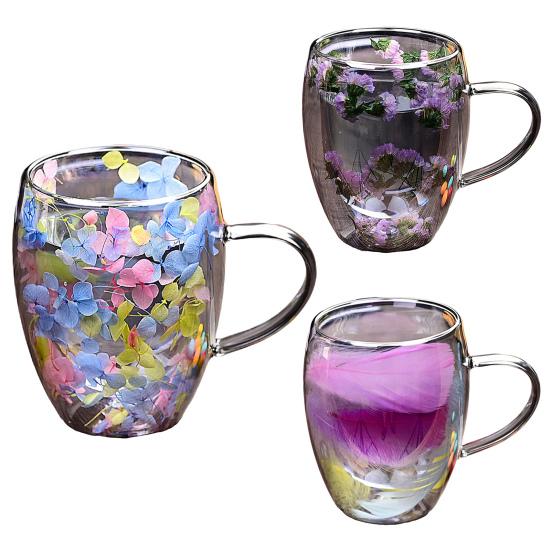Double Wall Glass Coffee Mug with Handle High Borosilicate Heat Resistant Cup Colorful Petal Design Hot