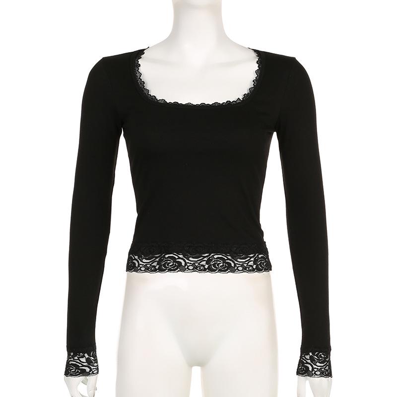 Sexy U-Neck Lace Bow Slim Fit Long Sleeve Y2K T-Shirt for Spring & Autumn