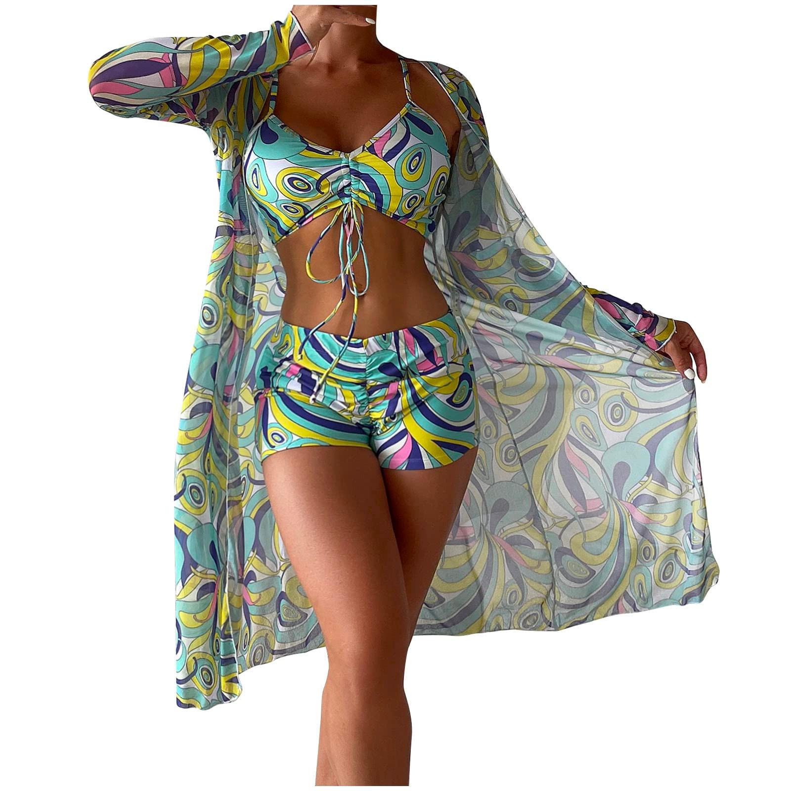 

(SU)Женский купальник-тройка с мягкой подкладкой, рубашка с открытой спиной, купальник из двух частей, топ-боксер, облегающий купальник с принтом XL зелёный