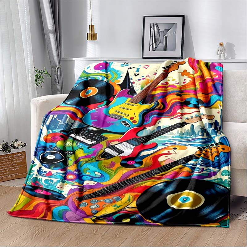 Colorful Graffiti Violin Print Flannel Blanket, Abstract Music Note Throw Blanket