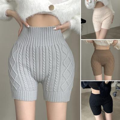Women Winter Bottoming Shorts Knitted High Waist Elastic Solid Color Keep Warm Anti-exposure Basic Shorts for Daily Wear Home And More
