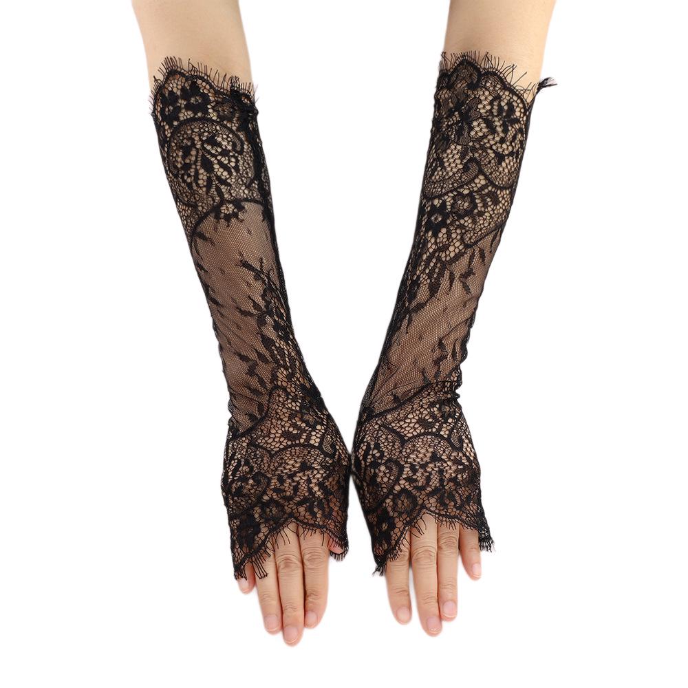 Lace Fingerless Bridal Wedding Gloves - Breathable Long Sleeve Sun Protection in Black & White