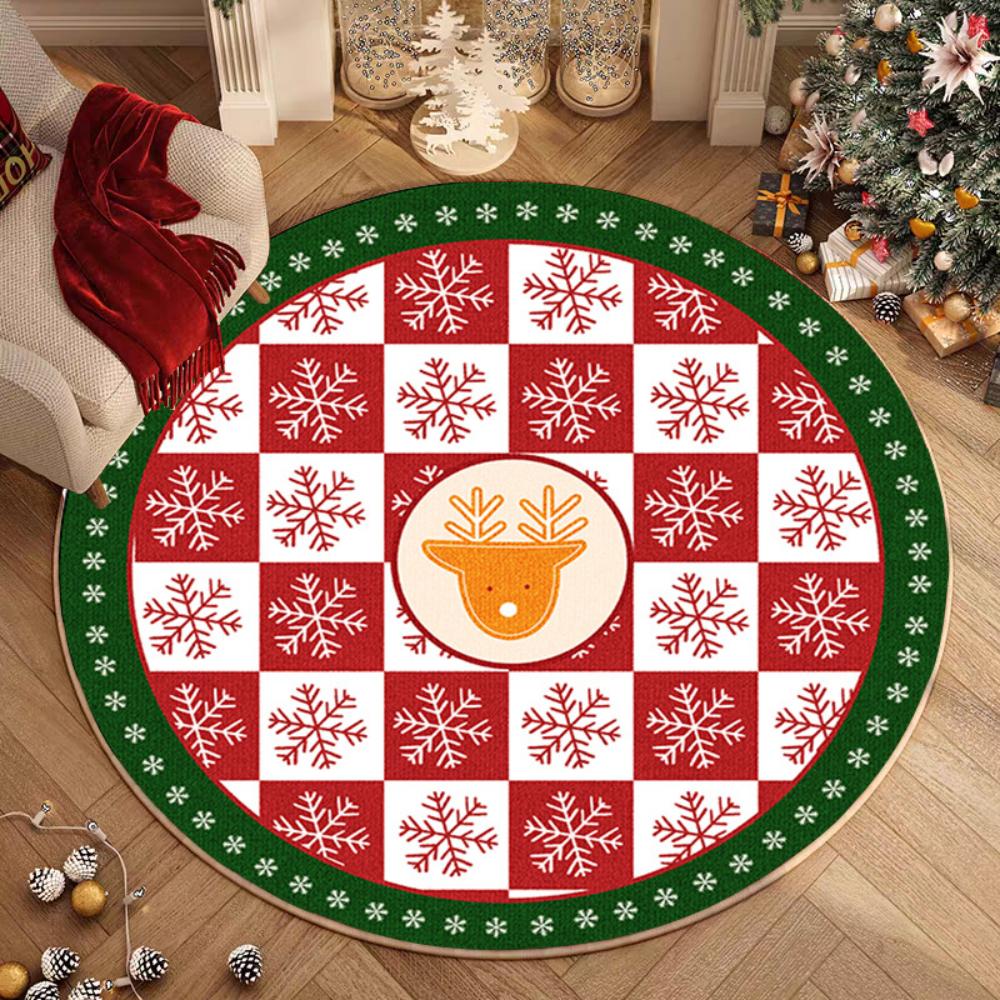 1pcs Festive Snowflake Christmas Tree Round Rug Holiday Decor Cozy Living Room  Bedside Rug Floor Mat Winter Seasonal Home Gift