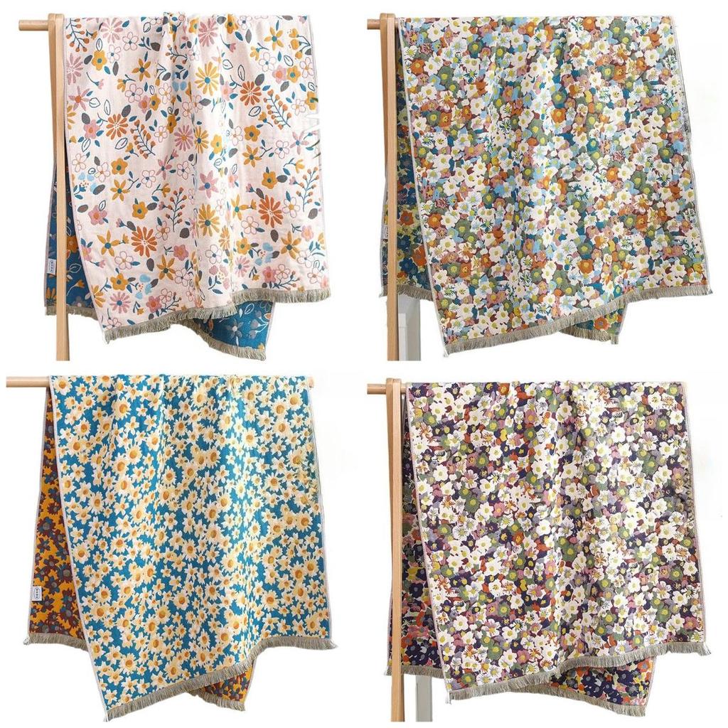 Flowers Tassels Bath Towel 80x160cm - 100% Cotton Gauze Towel Soft Absorbent Quick Drying Large Bath Towel Double-sided Floral Towel for Women