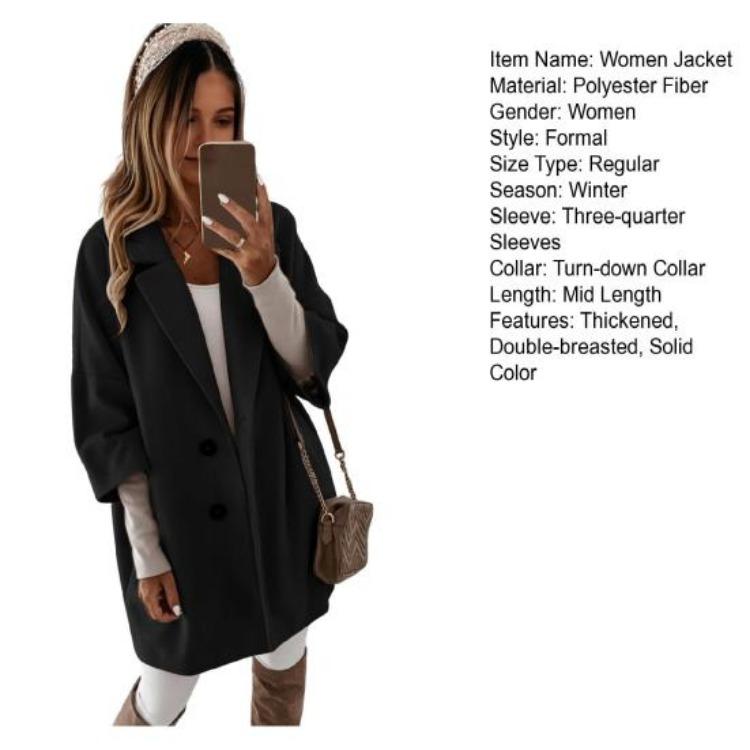 Winter Thermal Overcoat Women Double Breasted Thickened Loose Fit Coat Turn Down Collar Solid Color Pockets Three Quarter Sleeve Commuting Dating