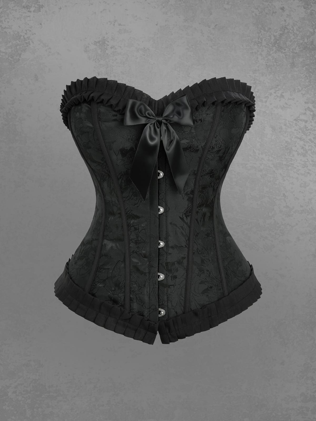 

Rosegal Большой размер Цветочный жаккард Шнуровка Люверсы Бант Плиссированная отделка Корсет 3XL чёрный