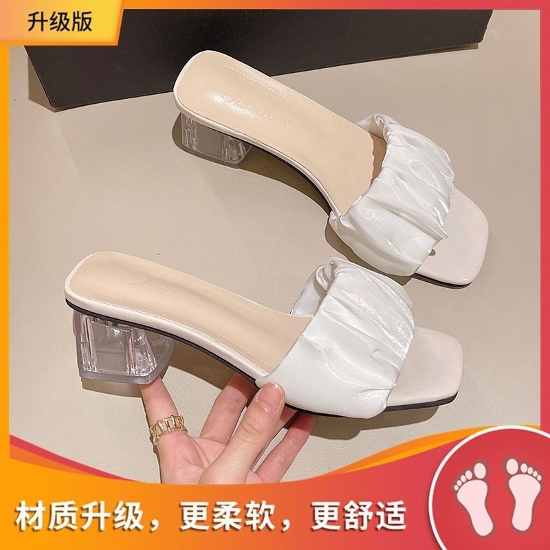 Women High Heeled Sandals Summer New Fashion Crystal Thick Heel Style Waterproof Summer Coat Square Toe Mid Heeled Sandals