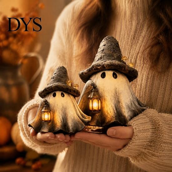 Unique Holiday Collection Item Halloween Ghost Wizard Hat Resin Figurine with LED Lantern, Vintage Witch Glowing Sculpture for Desk Holding