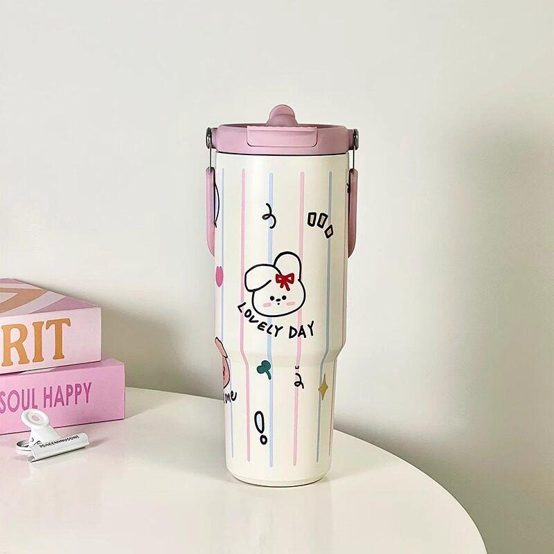 

British Coop Koop Cute Rabbit Water Cup Office Large-Capacity Thermos Cup for Women with a Handle and Straw Pink Rabbit 900ml [Double Drink]