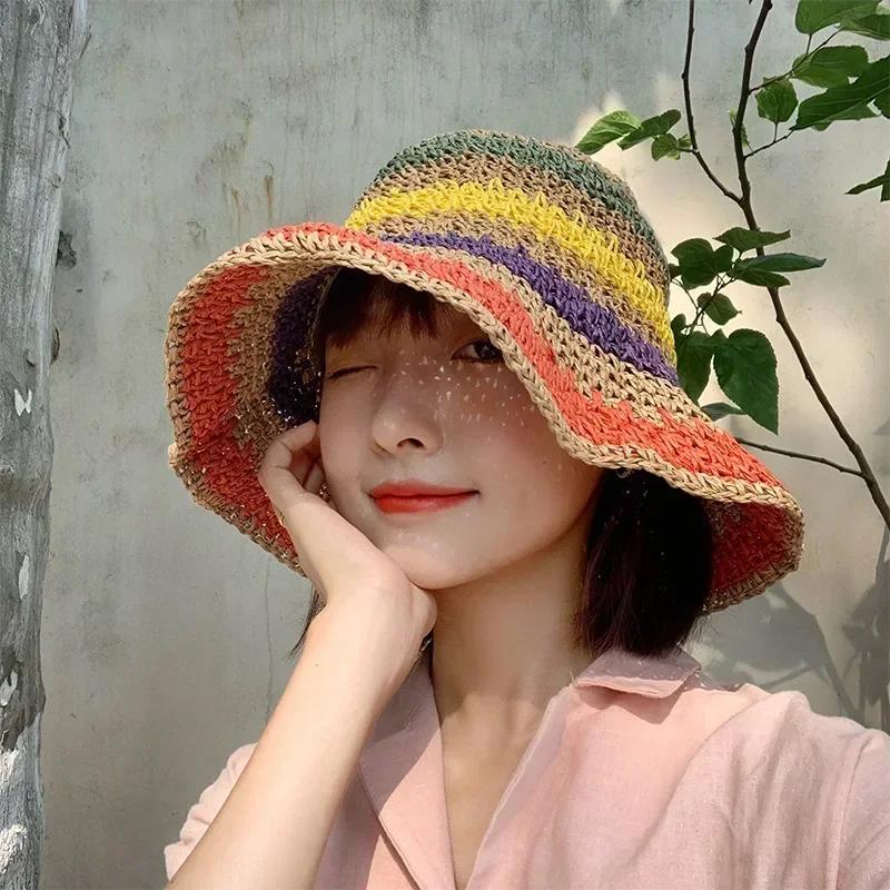Women Summer Colorful Crochet Foldable Crochet Sun Shading Tourism Vacation Seaside Crochet Beach Sunshade Fisherman Hat