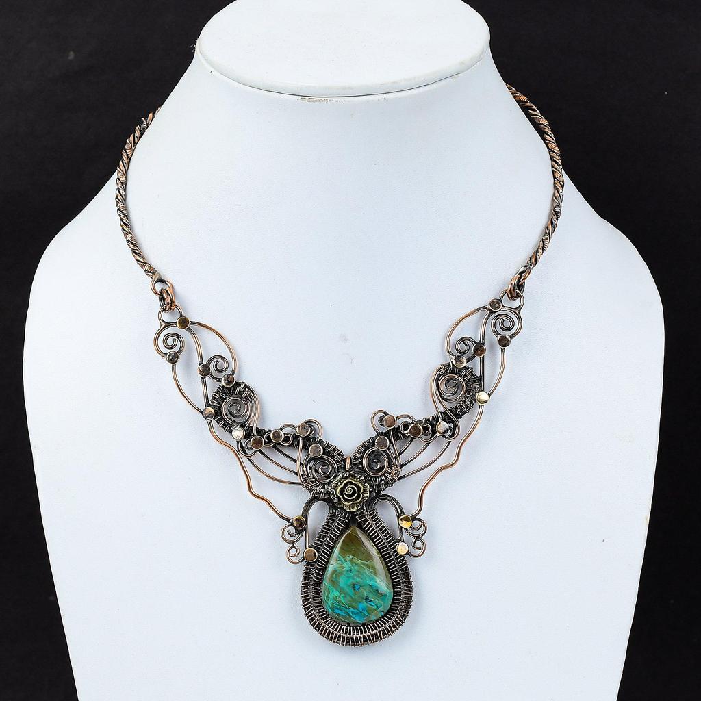 Chrysocolla Necklace Copper Wire Wrapped Necklace Handmade Necklace Gemstone Copper Jewelry Adjustable Necklace Wedding Gift Decent Jewelry