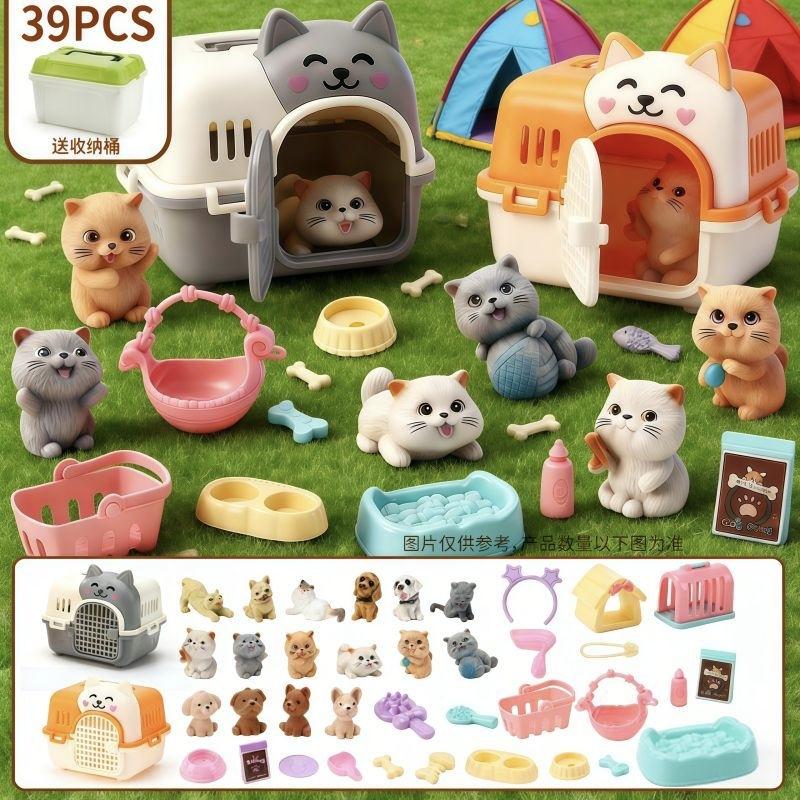 Mini-Tierkatze-Hund-Figur Spielset, Rollenspiel-Tierpflege-Spielzeugset mit Käfig-Futterzubehör für Kinder