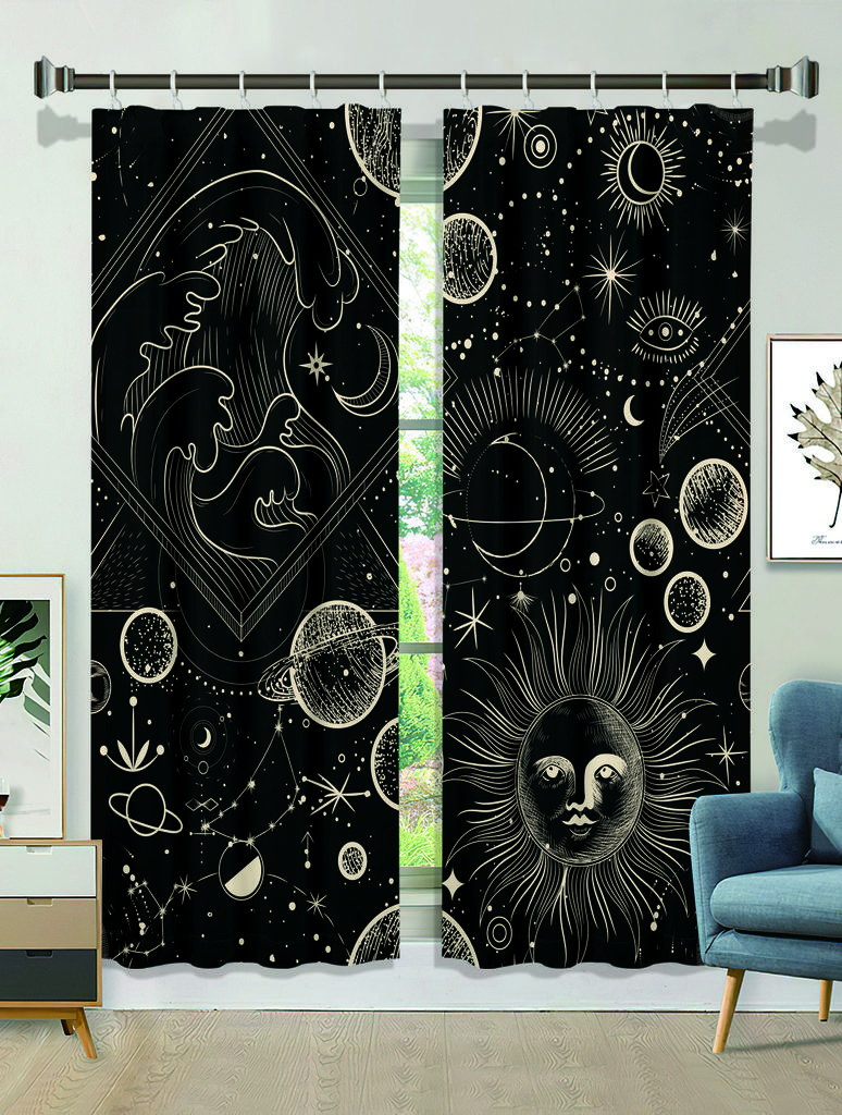 Moon Tarot Sun Spiritural Flower Black Window Panel Drapes in Children Bedroom Space Living Room Hall Treatments Kitchen Decor Drapes Blinds