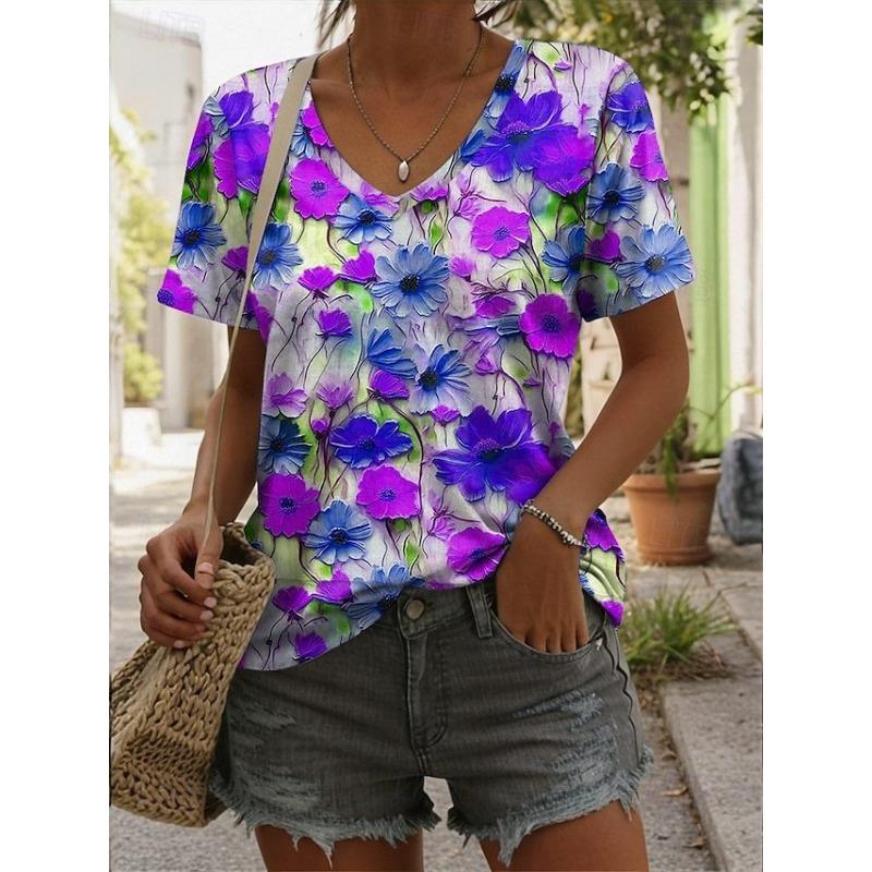 Summer New 3D Printed V-neck Women's Loose Casual Short Sleeved T-shirt
