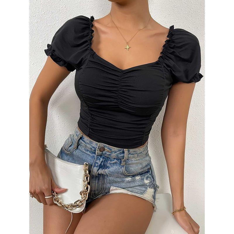 Square Necked Bubble Sleeve Top French style Square Shirt Women Sexy Low Cut Waist Hugging Top