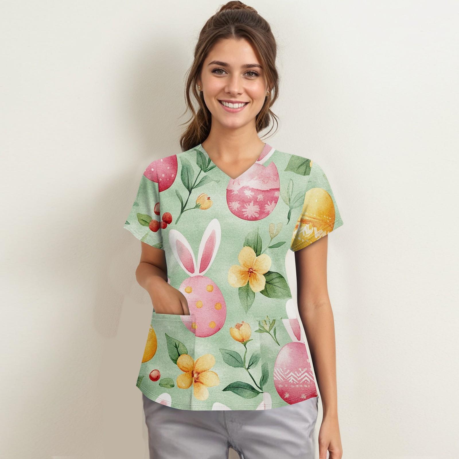 

Женская мода с v-образным вырезом, короткими рукавами и карманами, топы с принтом XL