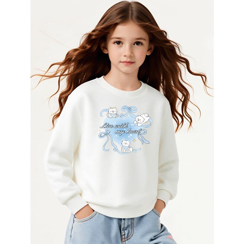 Live with My Heart Cats Ribbon Heart Unisex Crew Neck Fashion Sweatshirt, Autumn and Winter Western Style Top, Children's Long Sleeved T-shirt