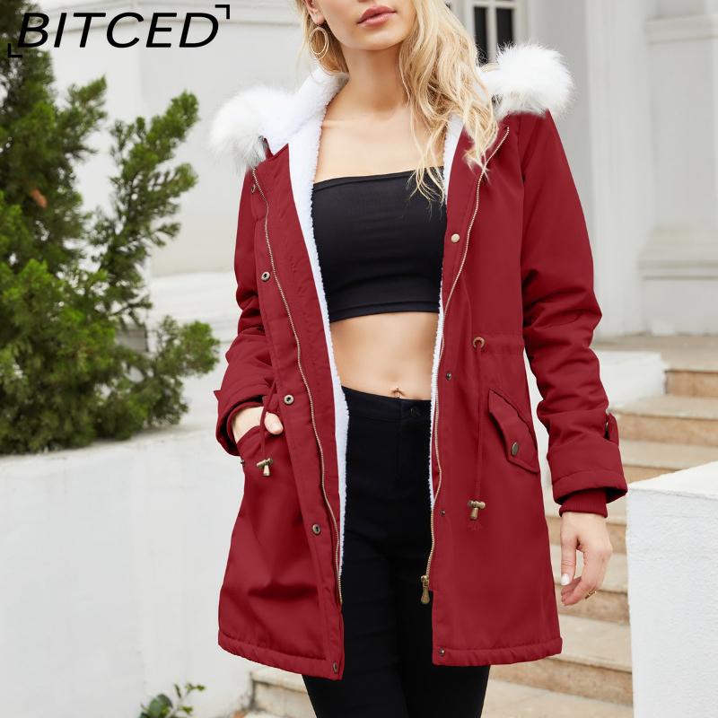 BITCED Autumn/Winter Detachable Fur Collar Women's Parka Long-Sleeved Hooded Cotton Coat Fleece Overcoat
