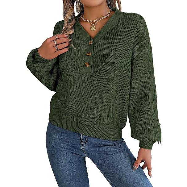 

Женский свитер оверсайз с V-образным вырезом и длинными рукавами, ажурный пуловер, толстовка с пуговицами, топ S армия зеленый
