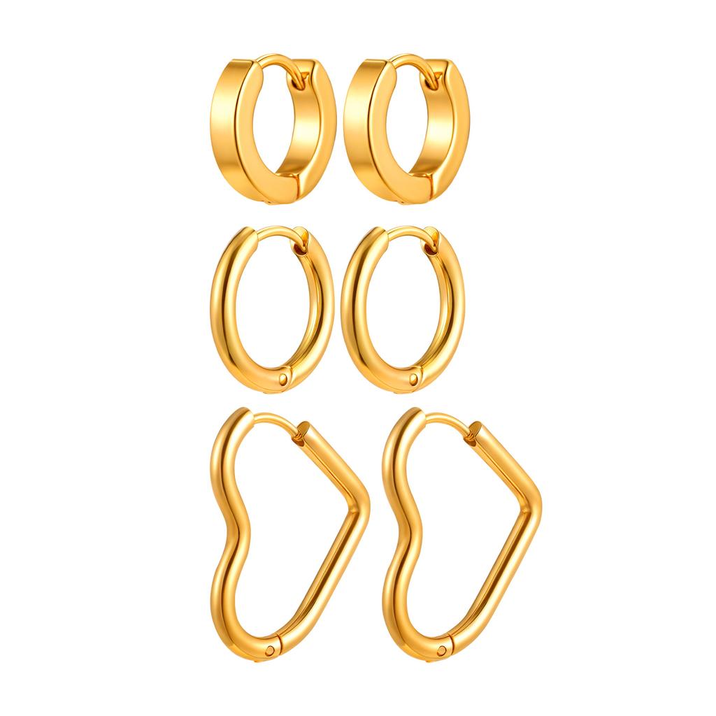 3 Pairs Heart-shaped Hoop Earrings for Women,Gold Plated Stainless Steel Geometric Earrings,High Polished Party Jewelry Gifts