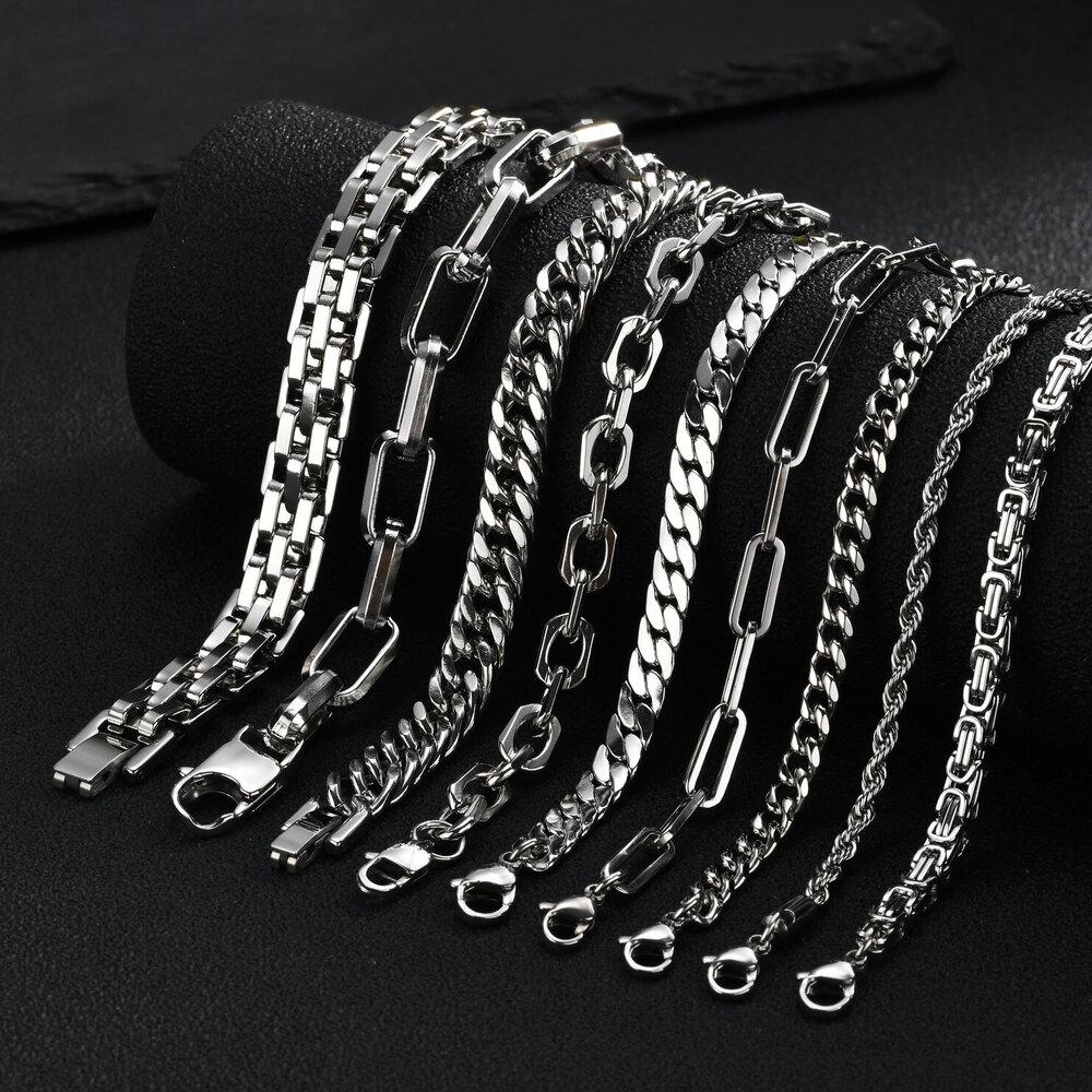 Punk Silver Color Men's Chain Bracelets,Hiphop Stainless Steel Braided Link Wristband,Classic Metal Jewelry Gift for Him Dad