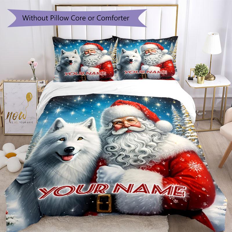 3PC Custom Name Santa's Winter Journey Bedding Set Printed Bedding Set Duvet Cover Closure Includes 1 Duvet Cover & 2 Pillowcases for All Seasons Bedr