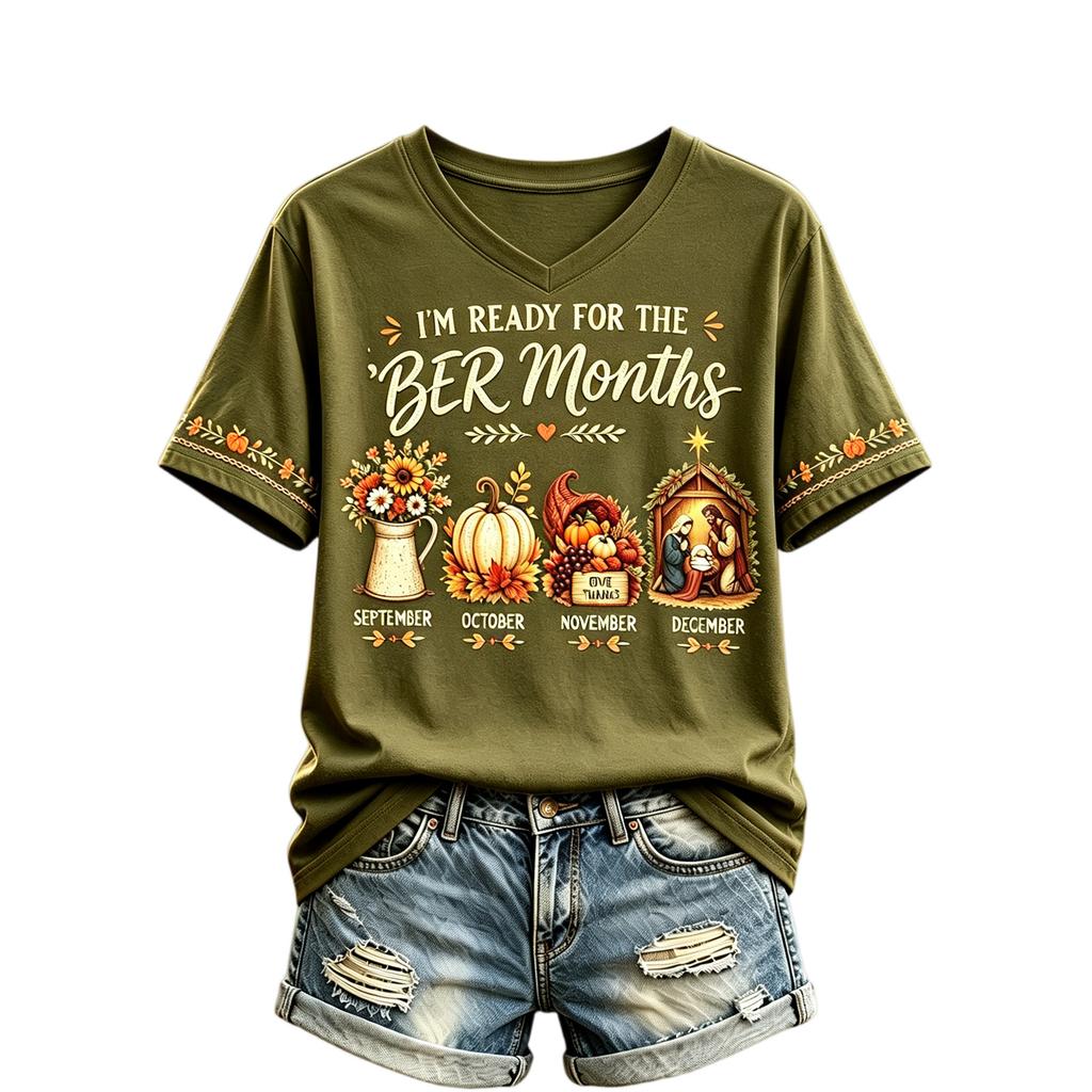 Women's Thanksgiving V-Neck Short Sleeve Printed Pullover Top
