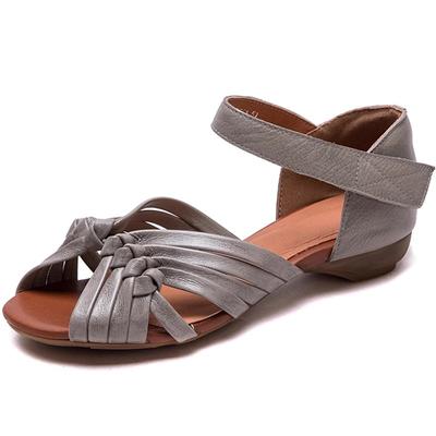 GKTINOO 2025 Estate Nuovi Sandali Bassi Intrecciati a Mano con Punta Peep Toe e Cavità in Vera Pelle Retro Tacco Basso Scarpe da Donna