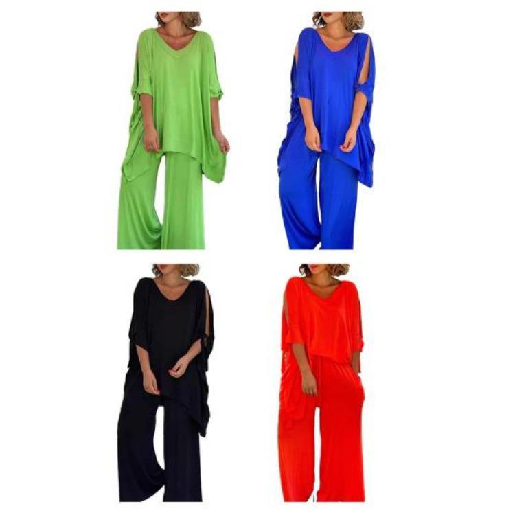 Boho Damen lockeres zweiteiliges Set lässiger Pullover-Top mit kurzen Ärmeln