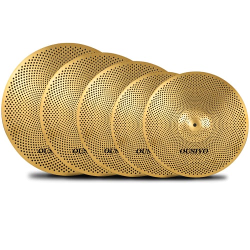 

OUSIYO 5-Pack Mute Low-Volume Cymbals for Hi-Hat, Crash, and Ride (14-inch HH x 2 + 16-inch + 18-inch + 20-inch) - Brass-Colored, Ideal for Beginners