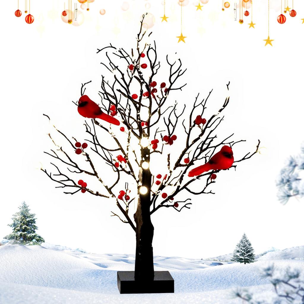 LED Vintage Glowing Tree W/ Cardinals Artificial Birch Lighting With Red Berry & Bird Parrots Twinkle Tree Lamp Xmas Party Decor