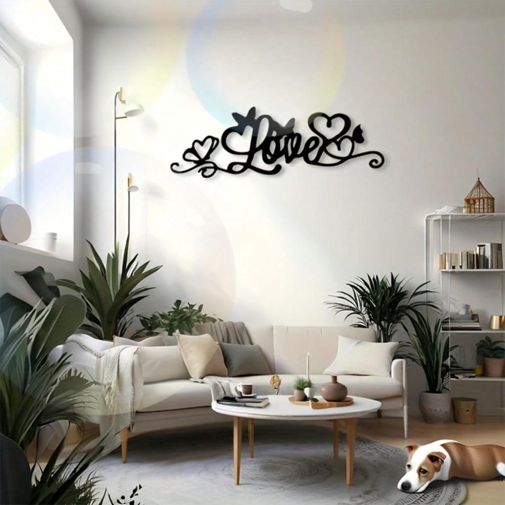 Flat Metal Heart Butterfly Wall Art Romantic Black Iron Love Design Calligraphy Letter Ornament for Valentine Wedding Home Decor