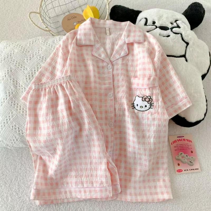 Women's Summer Cloud Cotton Pajama Set: Sweet Cute Cardigan with Short-Sleeved Top and Shorts.