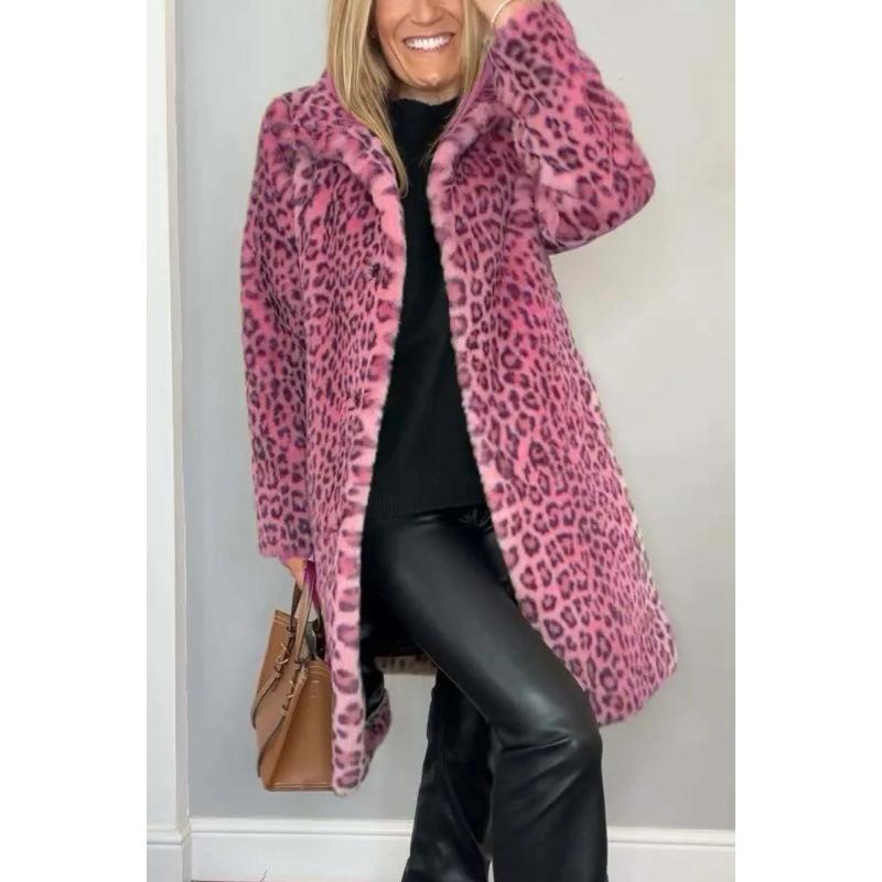 2024 Winter New Foreign Trade Women's Jacket, Best-Selling Fashionable Leopard Print Lapel Faux Fur Wool Top