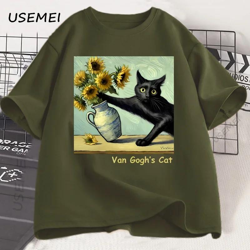Van Goghs Cat Art Print T Shirt Funny Graphci T Shirts Cotton Trendy Summer Loose Short Sleeved Tshirt Unisex Unisex Harajuku Top