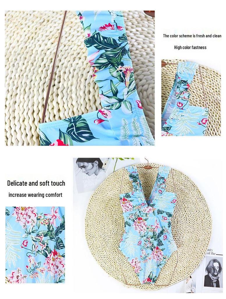 Ruffled Striped V-Neck Backless One-Piece Swimsuit - European and American Style