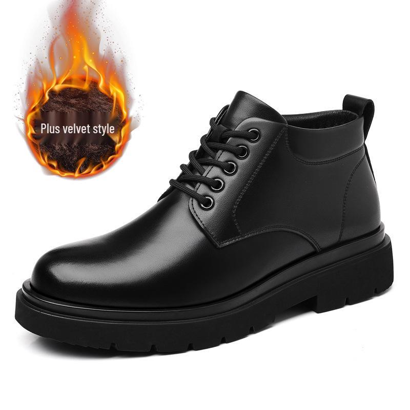 Martin Men's 2024 Black Leather Boots: Plus Velvet, Thickened, Height-Enhancing, Casual, Warm Work Boots for Autumn/Winter