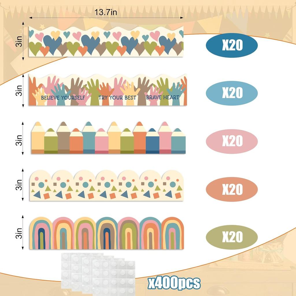 Bulletin Board Borders Classroom, Boho Board Stickers Colorful Heart Rainbow Bulletin Board Scalloped Decorations for Blackboard, Chalkboard, Walls,