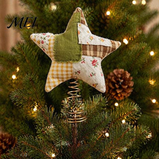 Star Tree Decoration Christmas Topper, Patchwork Plush Stuffed Xmas Cute Cartoon Ornament for Winter Holiday Party Home Decor Pink Green Topper