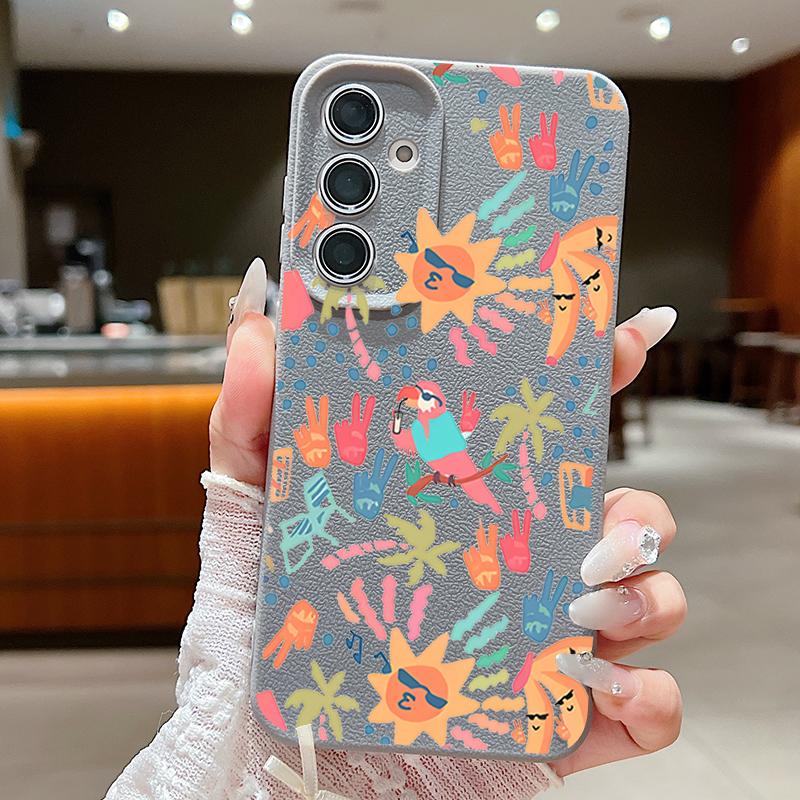 Colorful Cartoon Pattern Case For Samsung Galaxy S25 Edge S24 Ultra S23 S22 Plus S21 FE S26 Ultra Leather Texture Silicone Cover