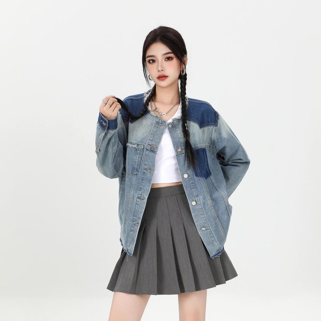 Damska kurtka raglanowa z denimu w stylu retro - Wczesnojesienna codzienna góra w blokach kolorystycznych