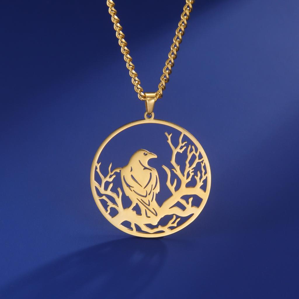 Crow Raven Pendant Necklaces Norse Mythology Stainless Steel Gothic Necklace for Men Vintage Jewelry