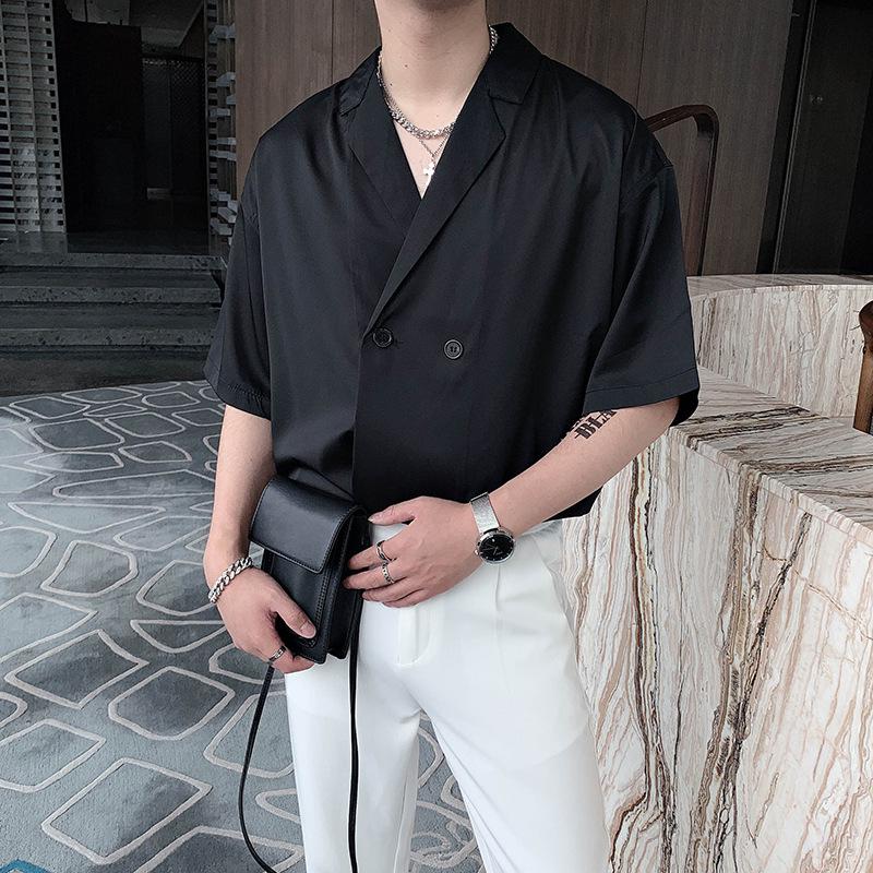 Stylish Men's Korean Short-Sleeved Luxury Drape Suit Collar Shirt for Hair Stylists