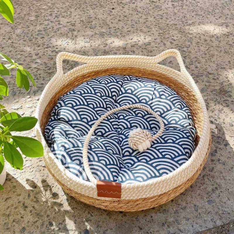 Scratch Resistant Cat Bed Four Seasons Rattan Woven Removable Washable Upholstery Floor Sleeping Pet House Supplies For Cats