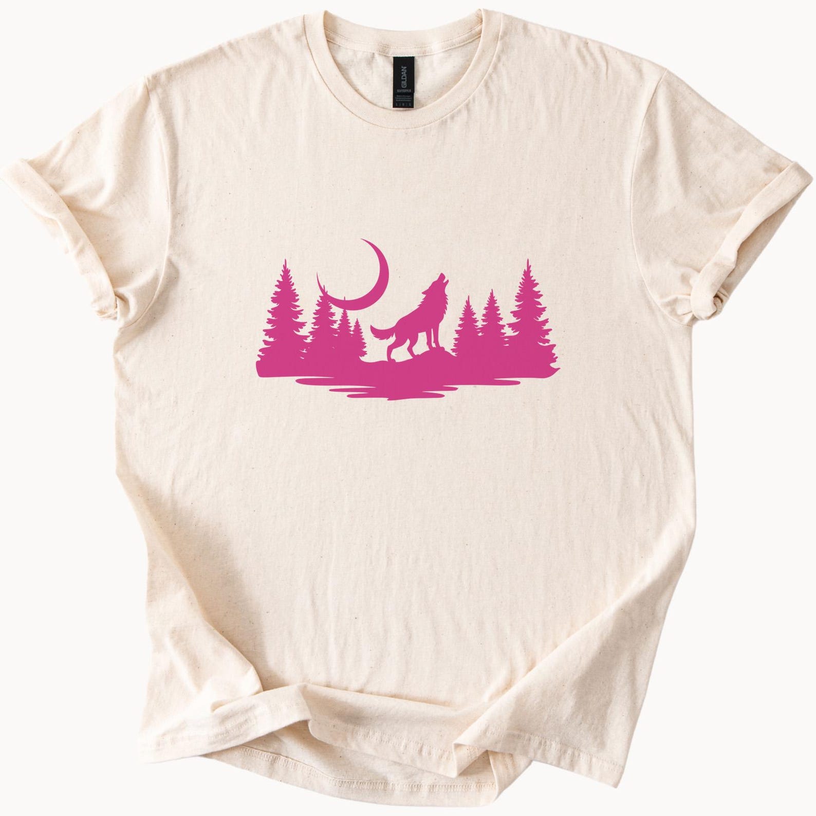 Howling Wolf Moon Forest Graphic Shirt Pink Wilderness Animal Nature Scene Pine Trees Moonlight Tee Outdoorsy Aesthetic TShirt 120